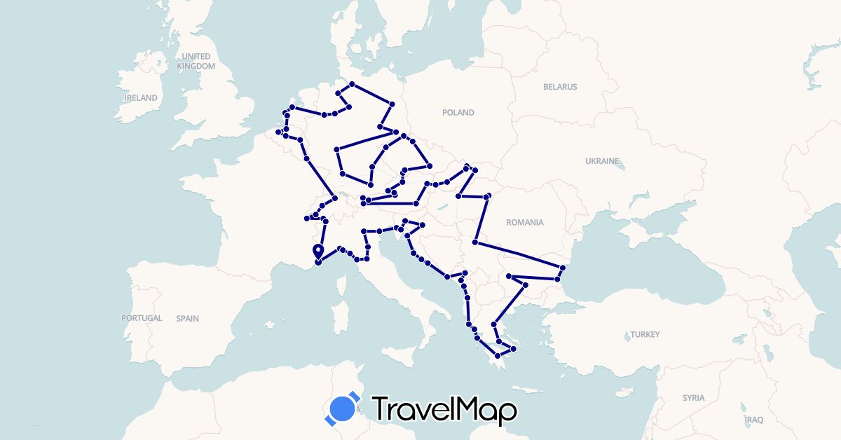 TravelMap itinerary: driving in Albania, Austria, Belgium, Bulgaria, Switzerland, Czech Republic, Germany, France, Greece, Croatia, Hungary, Italy, Luxembourg, Montenegro, Netherlands, Serbia, Slovenia, Slovakia (Europe)